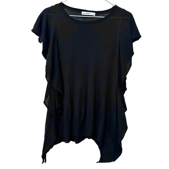 Zara Knit Ruffle Side Sharkbite Hem Viscose Blend Blouse Top Black Small - Picture 1 of 5